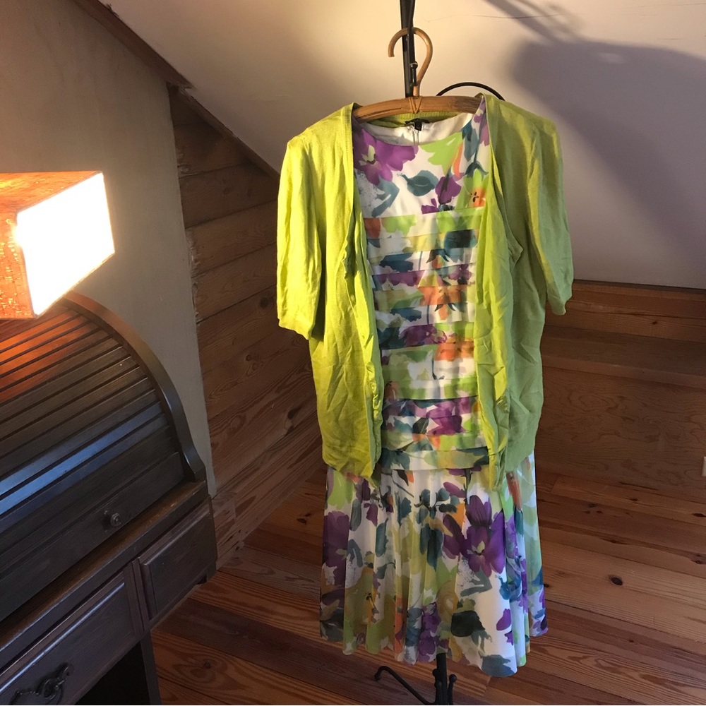 London Times Multi-Colored Tiered Dress and Talbots Green Cardigan, EUC, 10/L